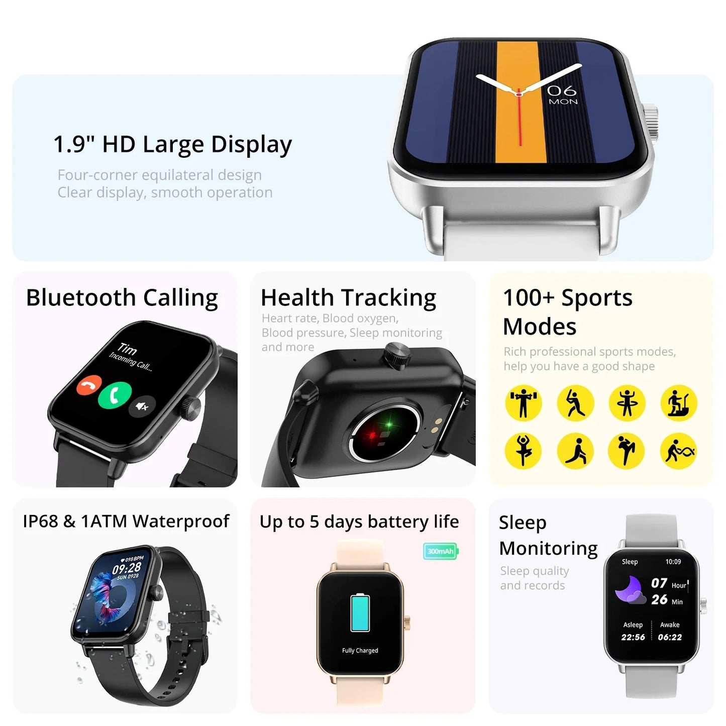 Smartwatch with voice calls, H24 health monitoring and sport mode