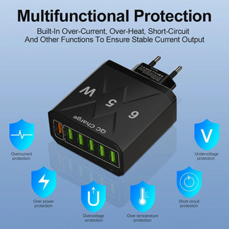 6 -port USB charger with quick charging adapted to travel with all devices