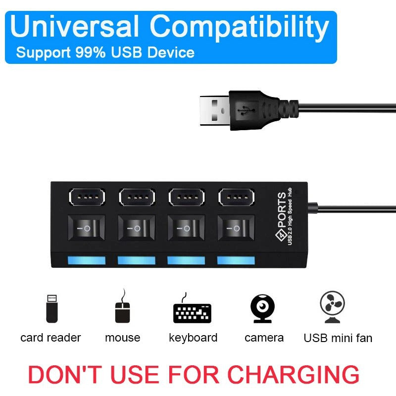 Hub USB 2.0 ad Alta Velocità con 4/7 Porte e Lampada LED
