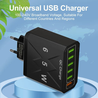 6 -port USB charger with quick charging adapted to travel with all devices