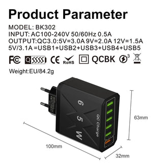 6 -port USB charger with quick charging adapted to travel with all devices