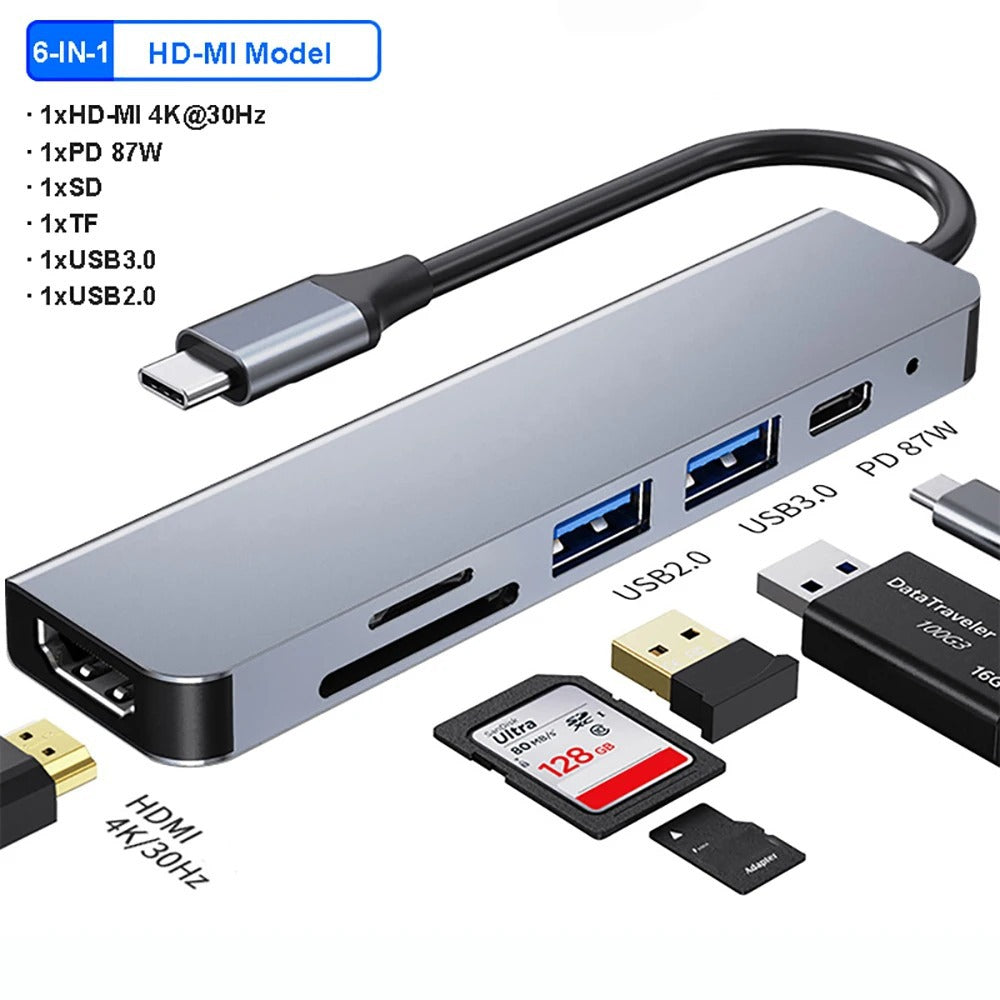 HUB USB C 7/6/4/1 Doors with PD, SD/TF, USB 3.0 for all devices