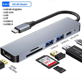 HUB USB C 7/6/4/1 Doors with PD, SD/TF, USB 3.0 for all devices